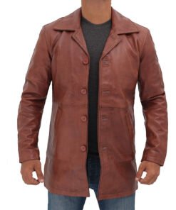 Distressed Short Coat Style Brown Leather Jacket