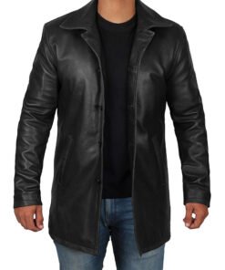 Distressed Short Coat Style Black Leather Jacket
