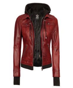 Red Flame Women's Hoodie Leather Jacket
