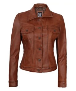 Saddle Brown Trucker Leather Jacket for Women